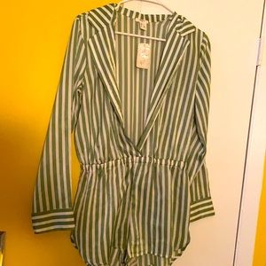 Forever 21- Green stripped, button up, elastic waist, romper